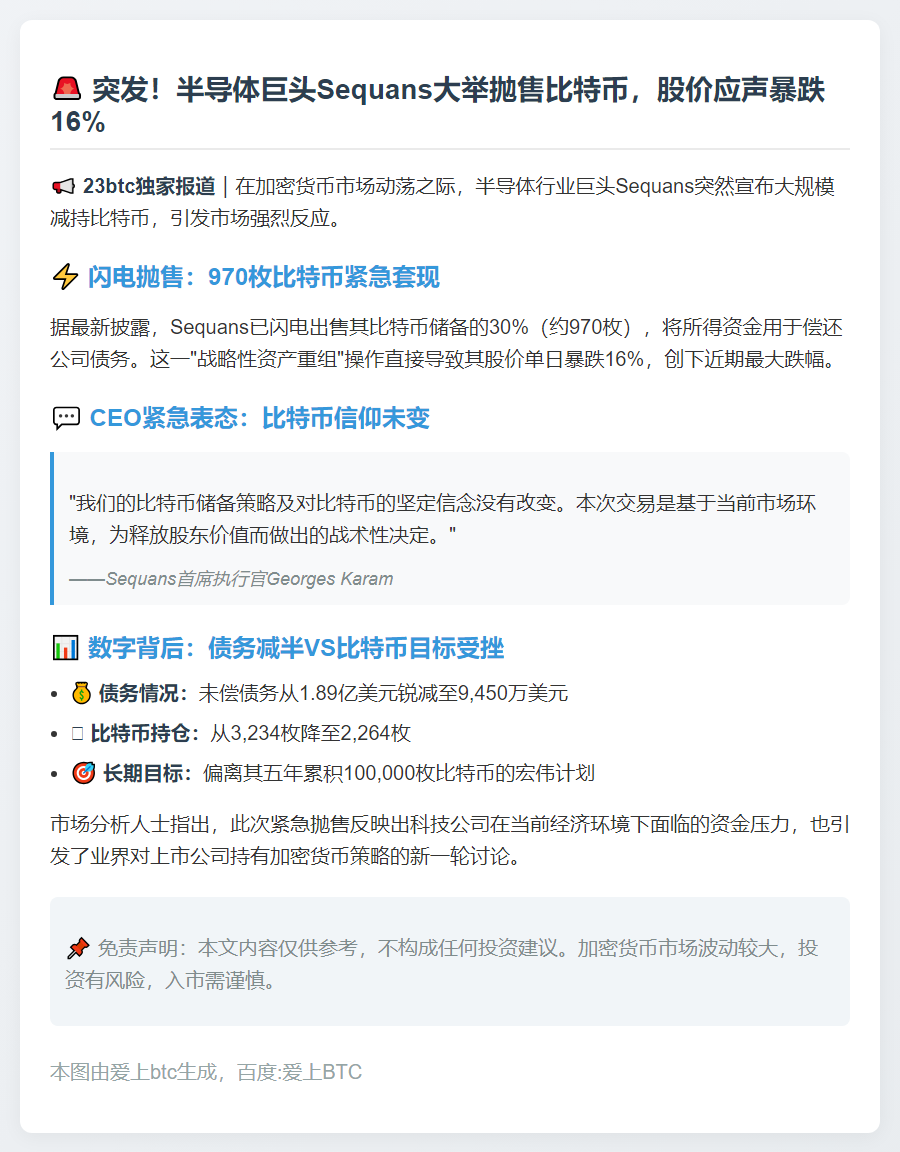 Sequans售比特币减债，股价暴跌16%