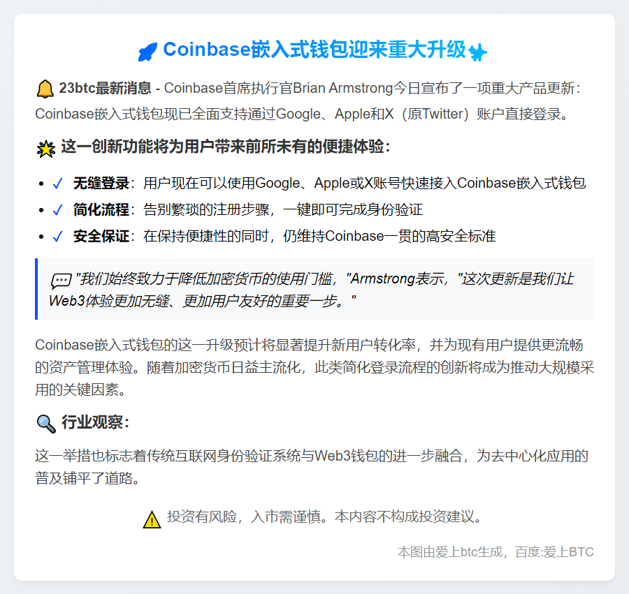 Coinbase钱包支持Google、Apple、X登录