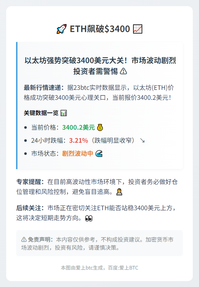 ETH飙破$3400