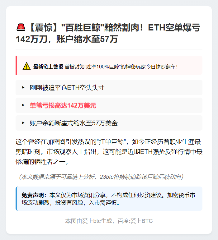 "巨鲸清仓ETH空单，账户剩57万"