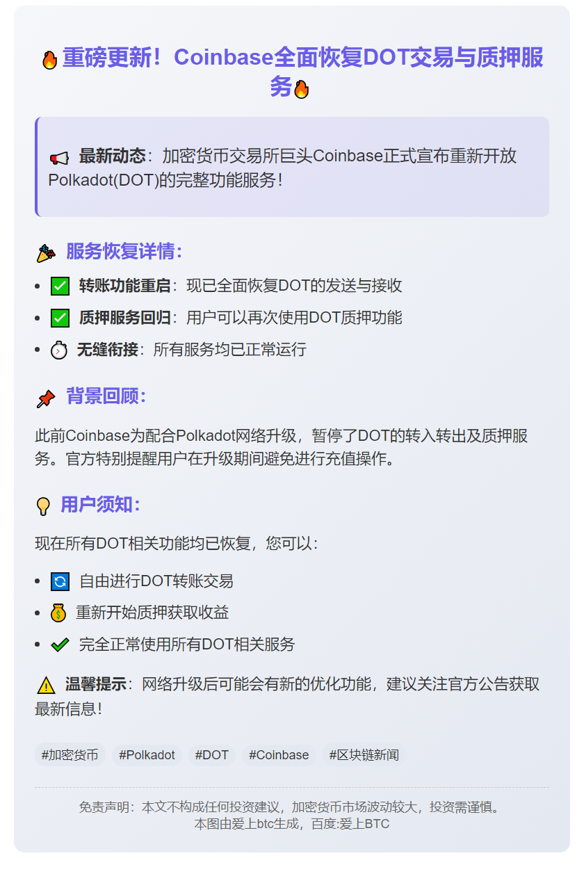 Coinbase重启DOT转账与质押