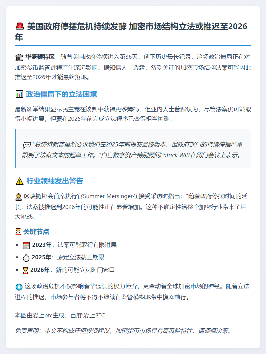 美政府停摆或推迟加密立法至2026