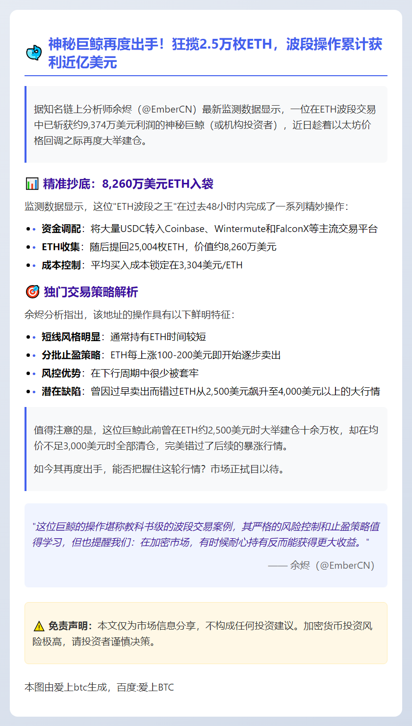 巨鲸抄底2.5万枚ETH，均价3304美元
