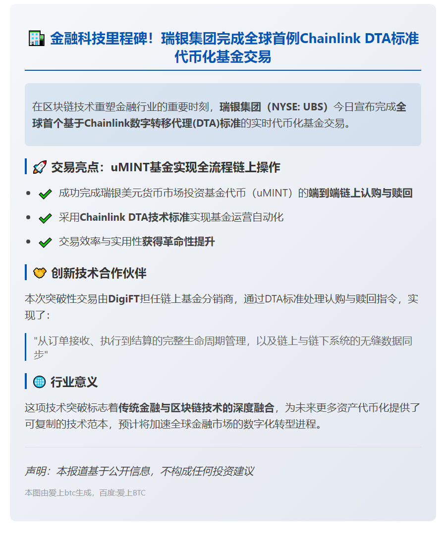 瑞银完成首笔链上代币化基金交易