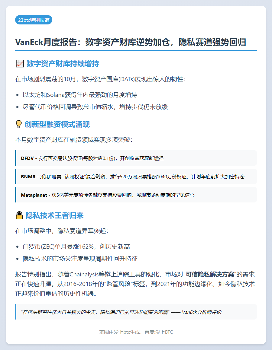 VanEck：10月加密资产增持，隐私需求回升