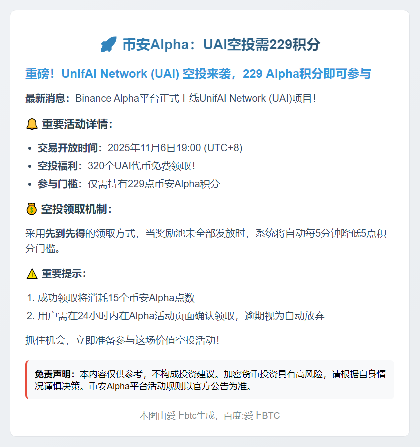币安Alpha：UAI空投需229积分