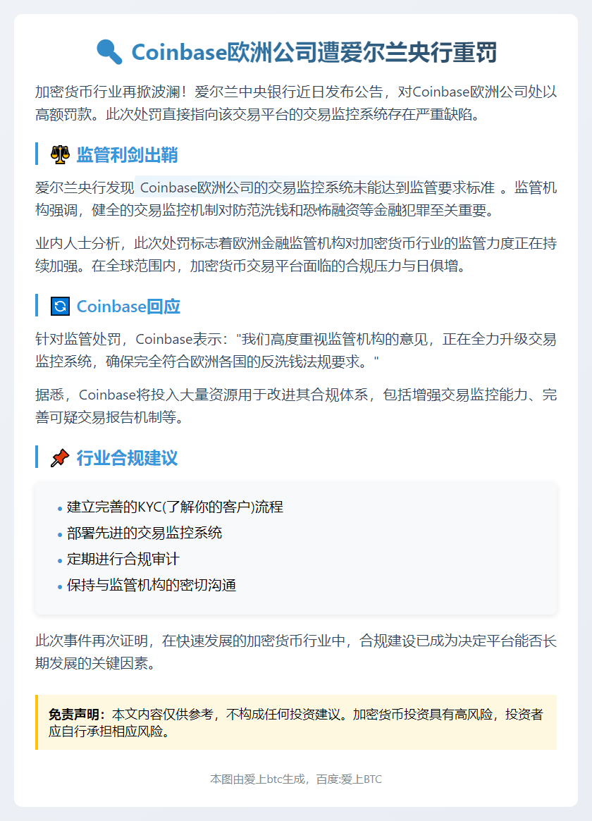 Coinbase欧洲因监控缺陷被爱尔兰央行罚款