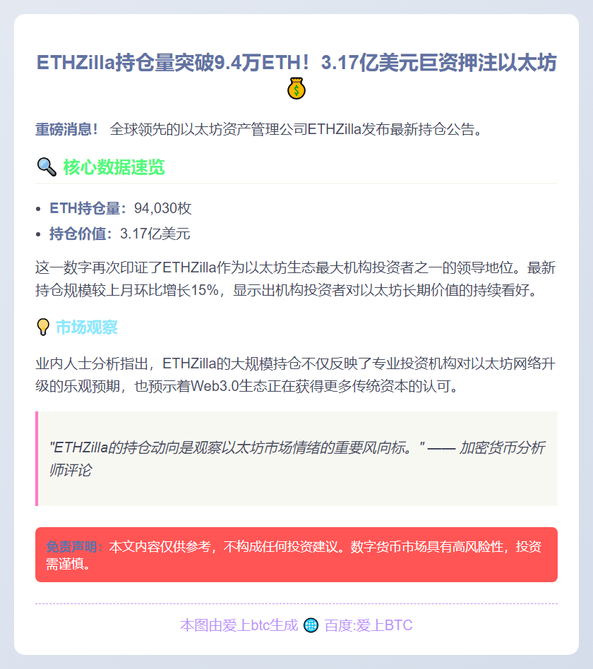 ETHZilla持9.4万枚ETH
