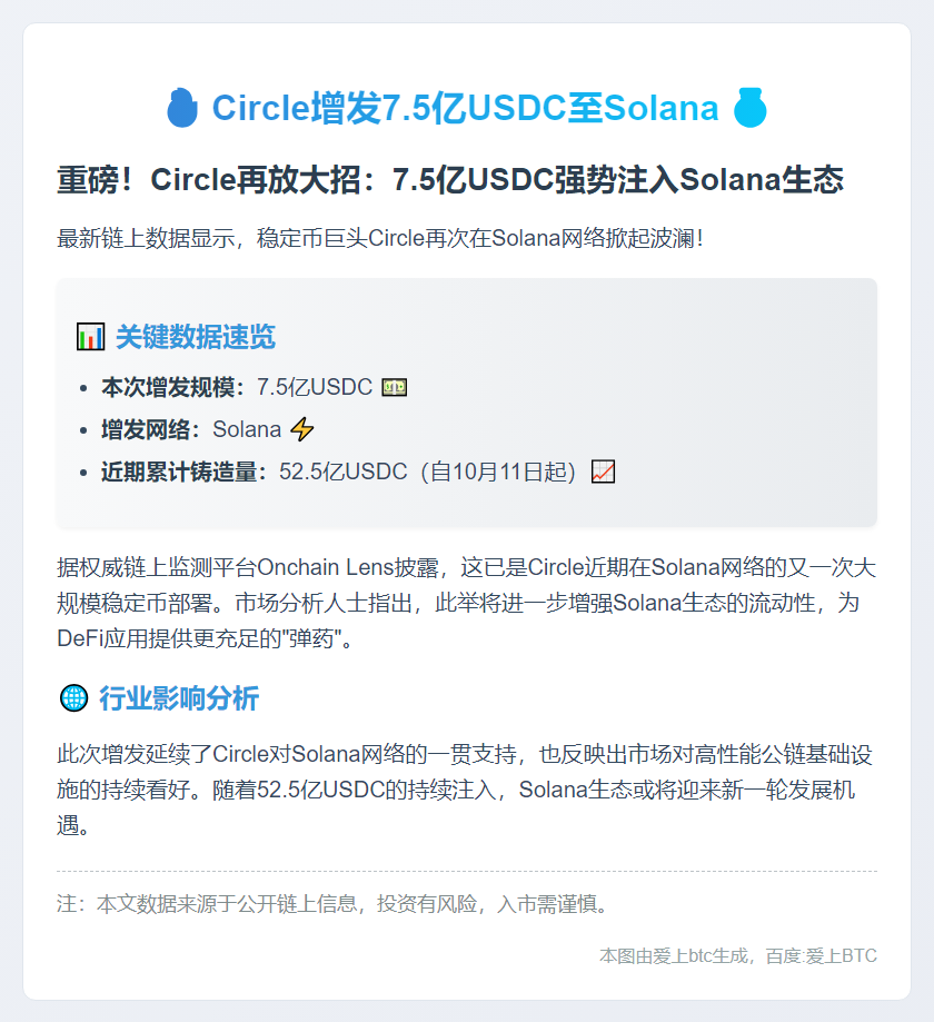 Circle增发7.5亿USDC至Solana