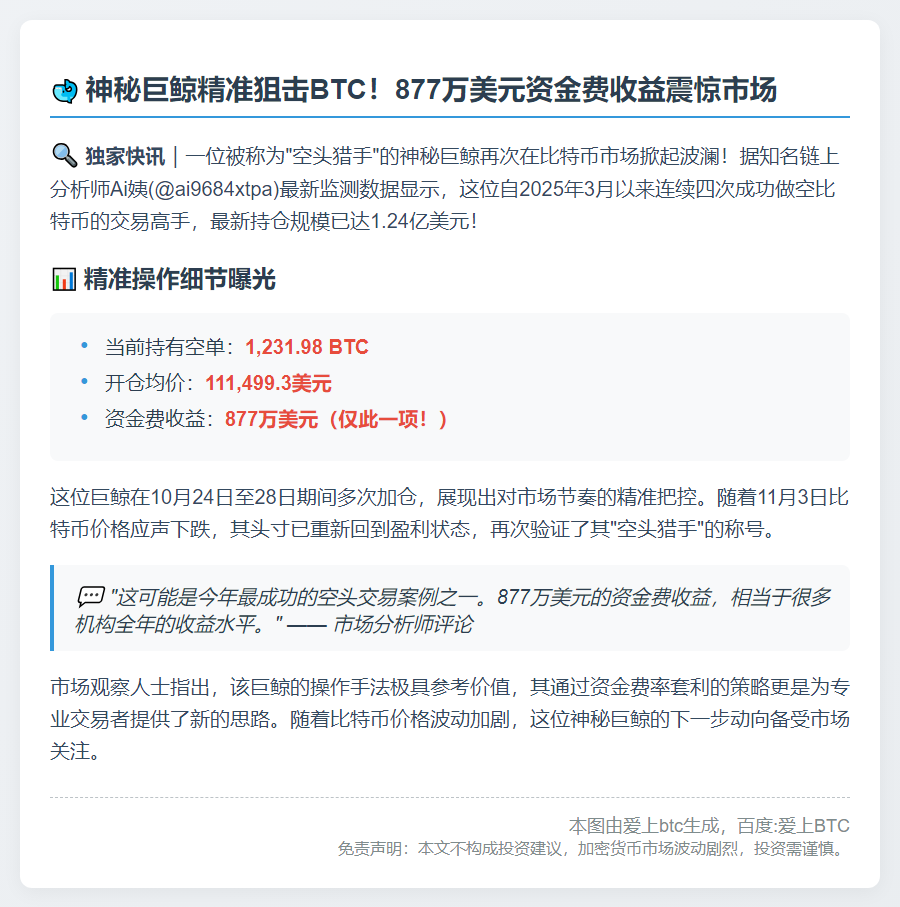 巨鲸做空BTC获利877万美元