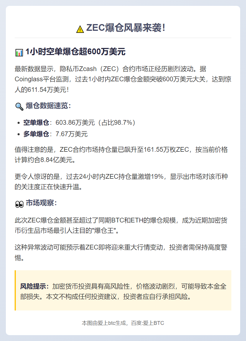 ZEC爆仓超BTC、ETH，达611万美元