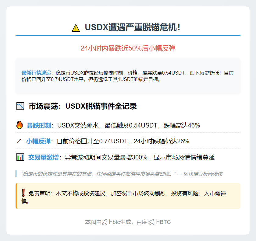 USDX暴跌至0.54 USDT后反弹至0.74