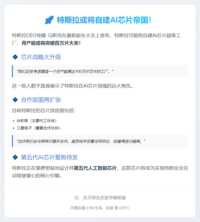 马斯克称特斯拉或自建AI芯片厂