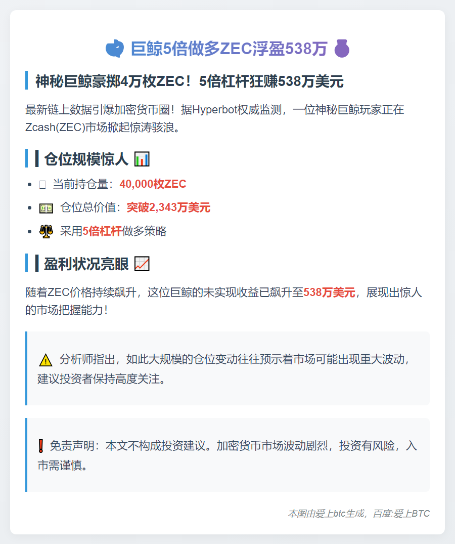 巨鲸5倍做多ZEC浮盈538万
