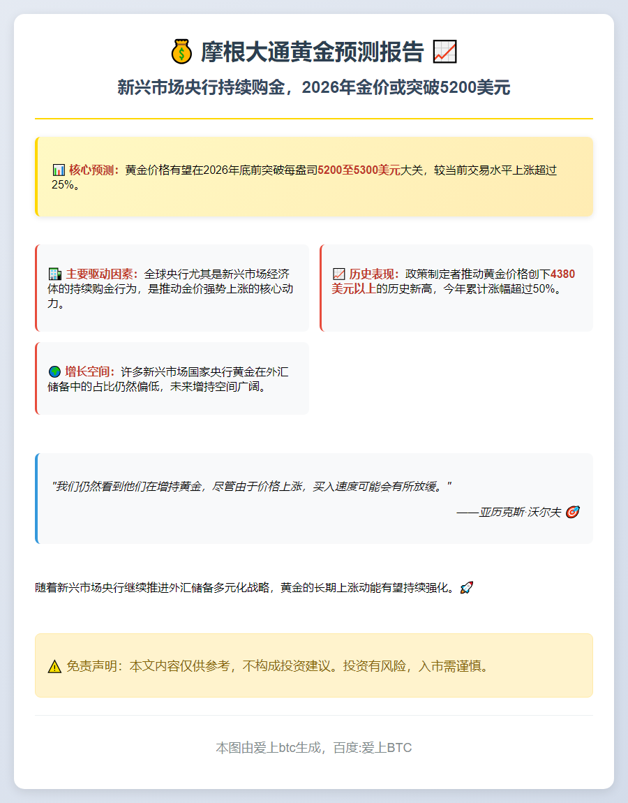 摩根大通：2026年金价或达5200美元