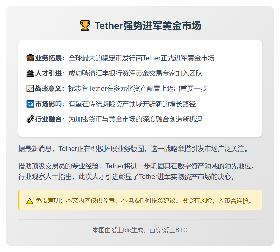 Tether聘汇丰黄金交易员进军金市