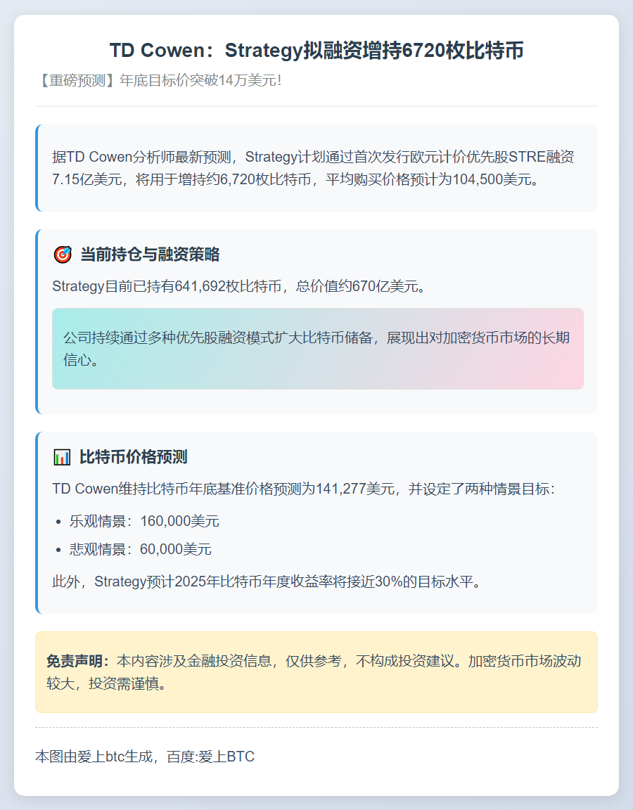 TD Cowen：Strategy拟融资增持6720枚比特币