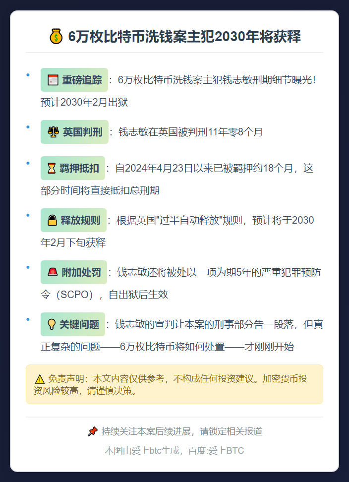 6万枚比特币洗钱案主犯2030年将获释