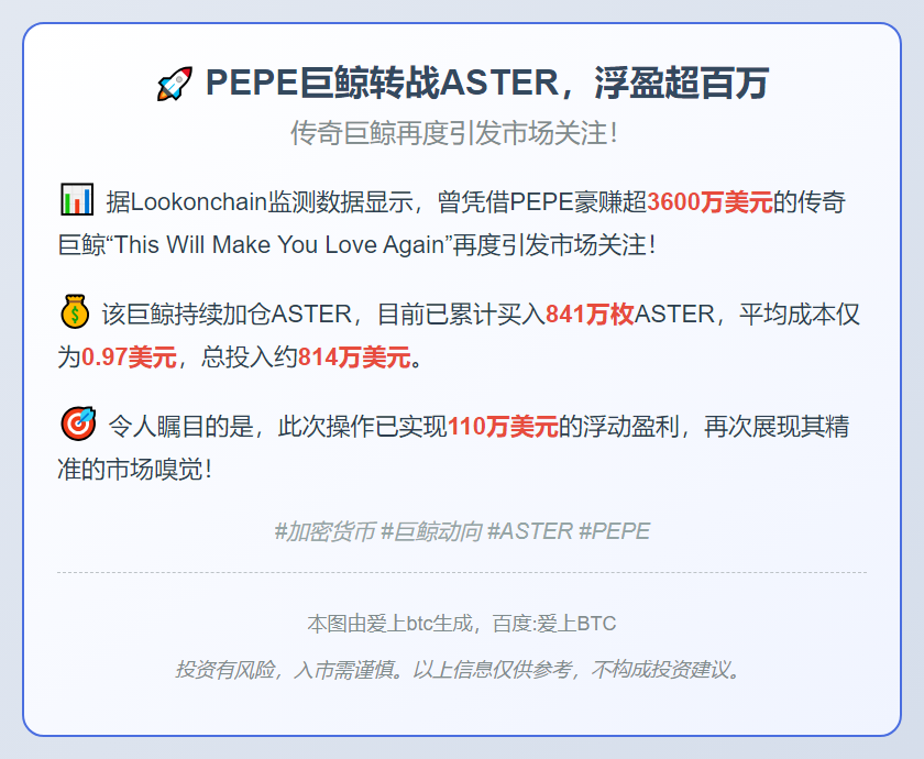 PEPE巨鲸转战ASTER，浮盈超百万