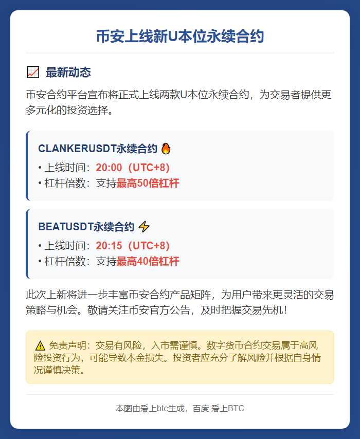币安上线新 U 本位永续合约：CLANKERUSDT 与 B
