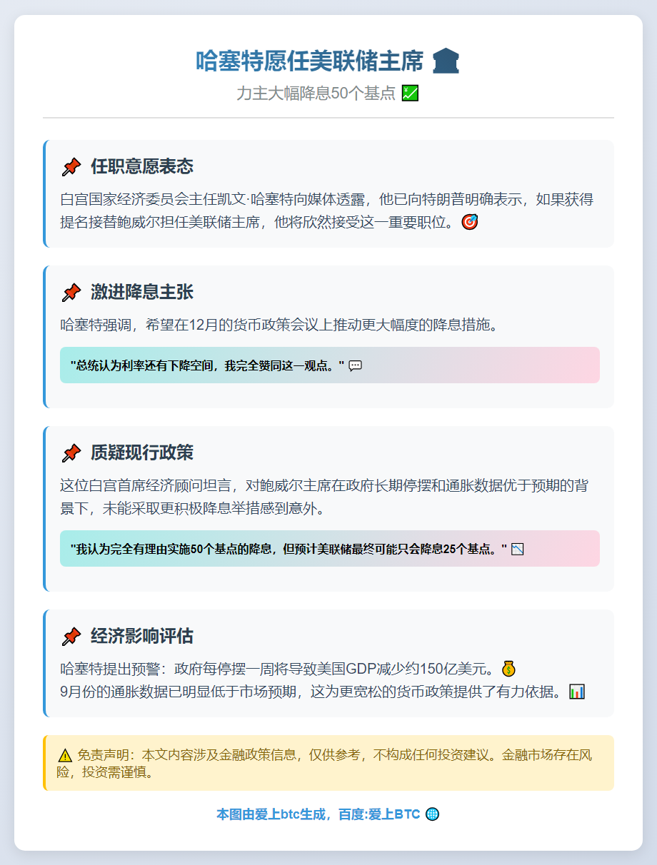 哈塞特愿任美联储主席 力主大幅降息