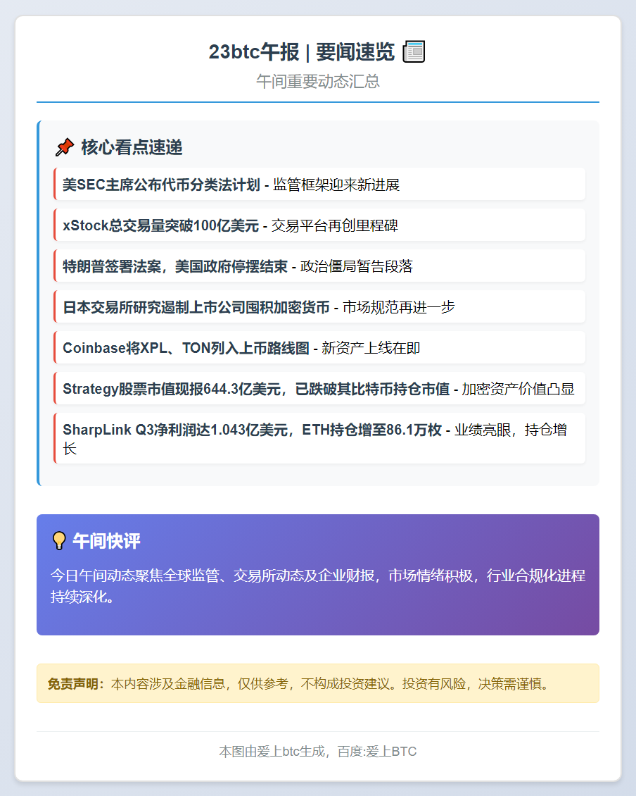23btc午报 | 11月13日午间要闻速览