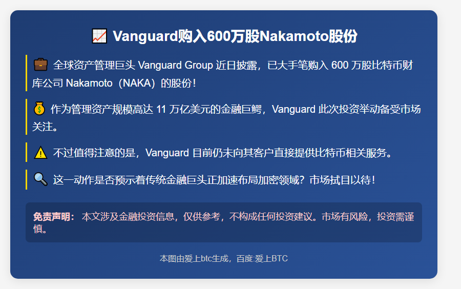 Vanguard购入600万股Nakamoto股份