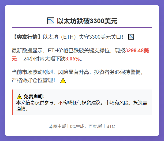 以太坊跌破3300美元