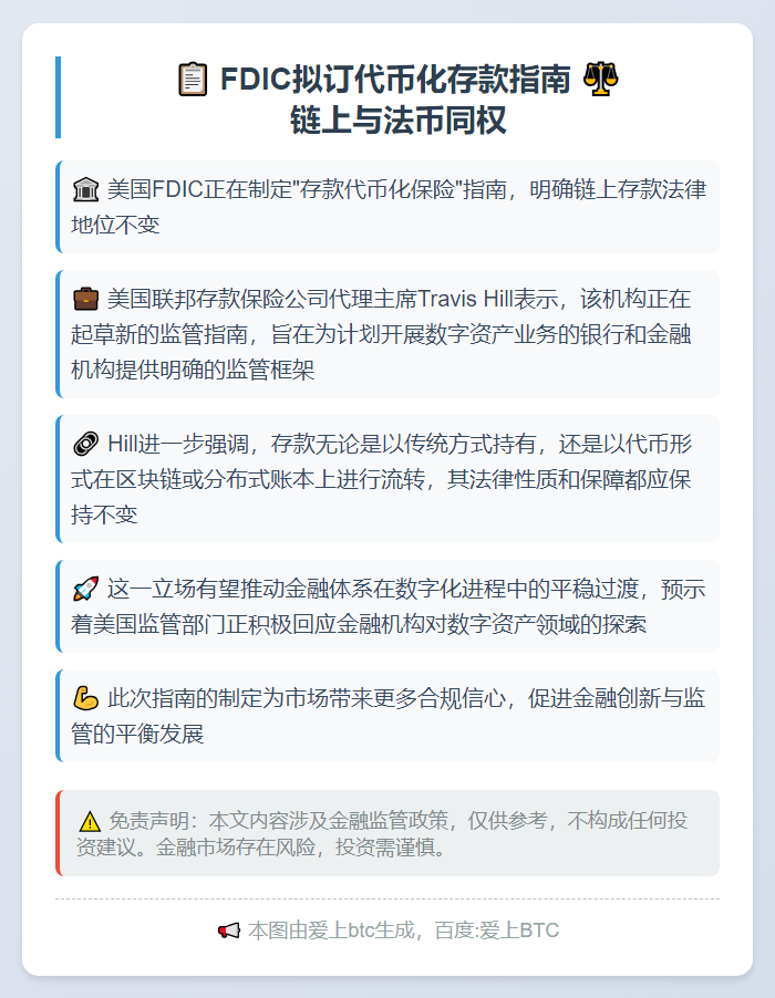 FDIC拟订代币化存款指南 链上与法币同权