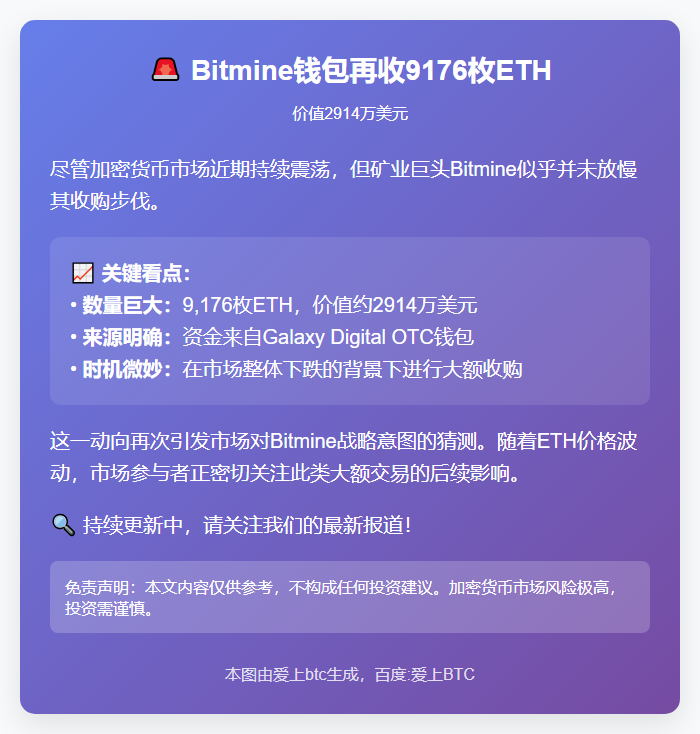 Bitmine钱包再收9176枚ETH，价值2914万美元