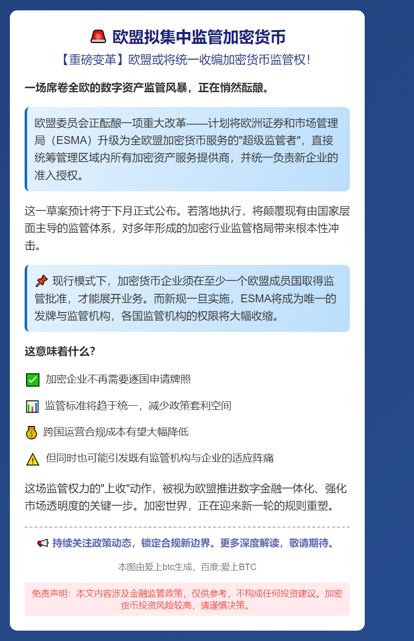 欧盟拟集中监管加密货币