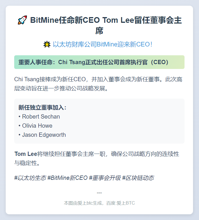 BitMine任命新CEO Tom Lee留任董事会主席