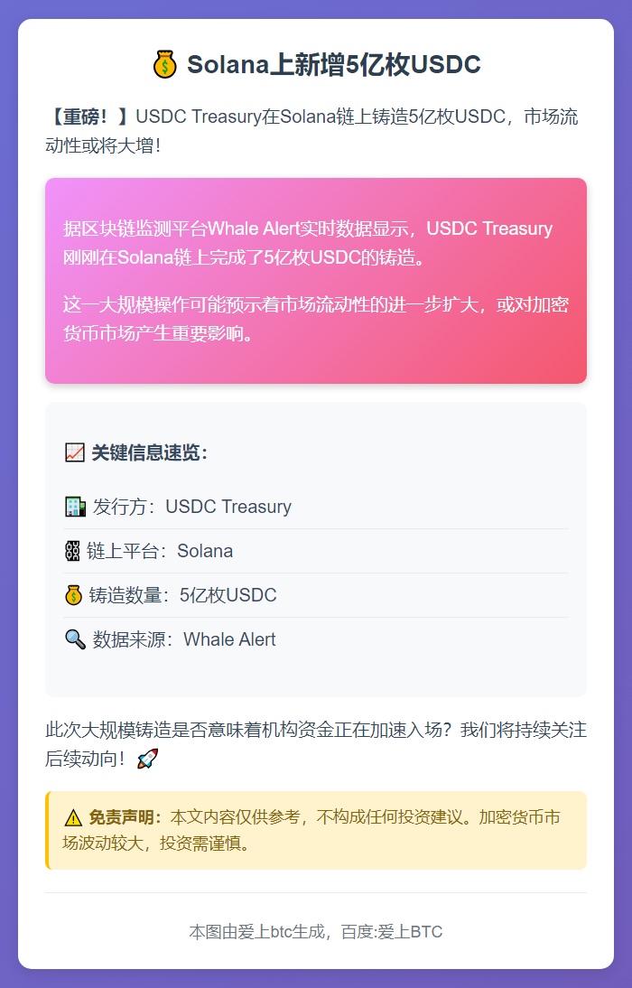 Solana上新增5亿枚USDC