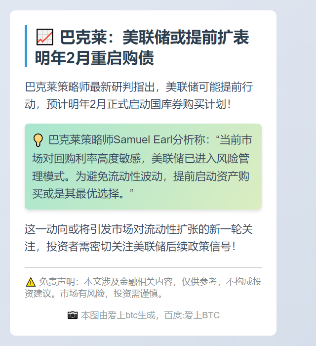 巴克莱：美联储或提前扩表 明年2月重启购债