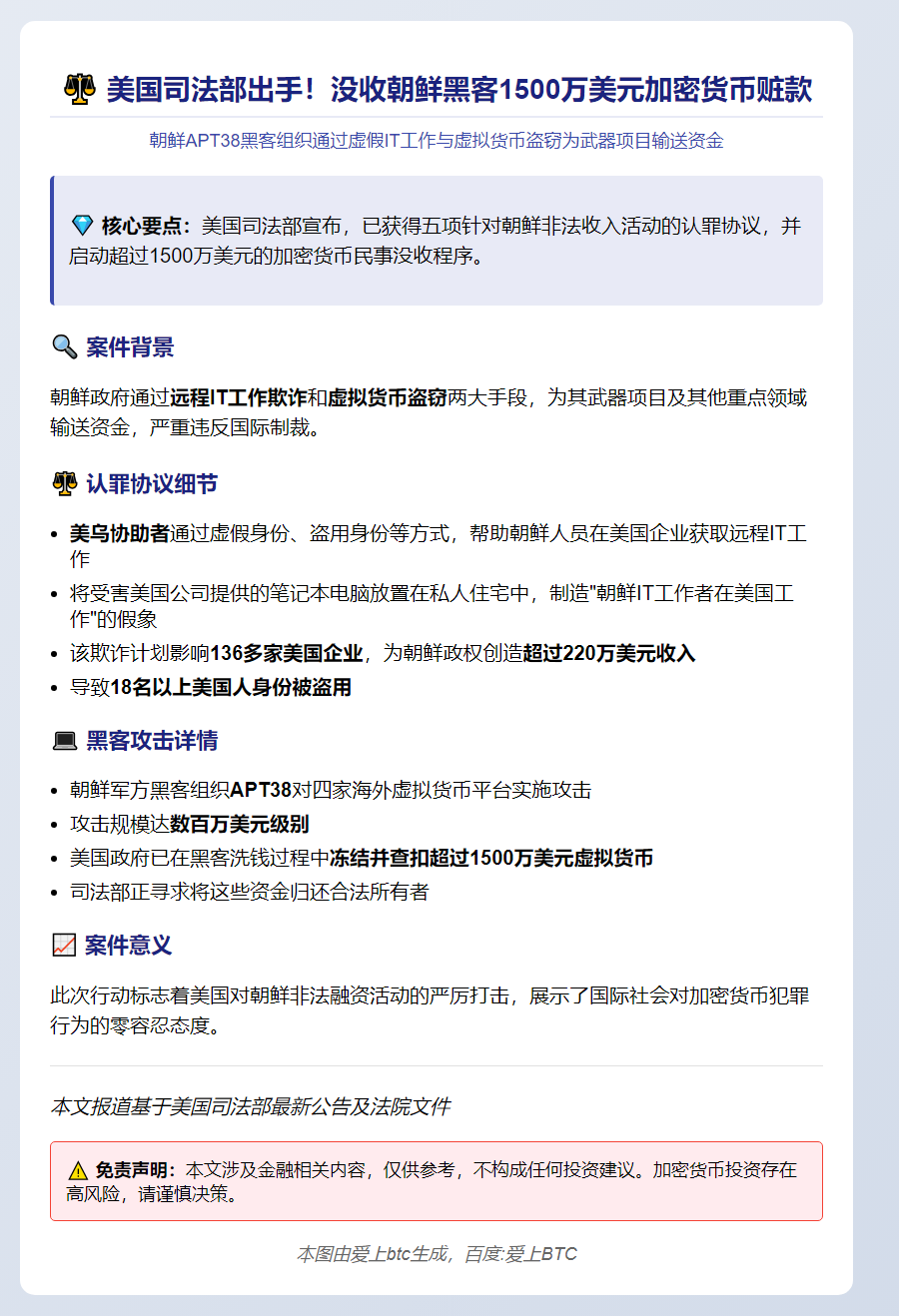 美司法部追缴朝鲜黑客1500万美元加密货币