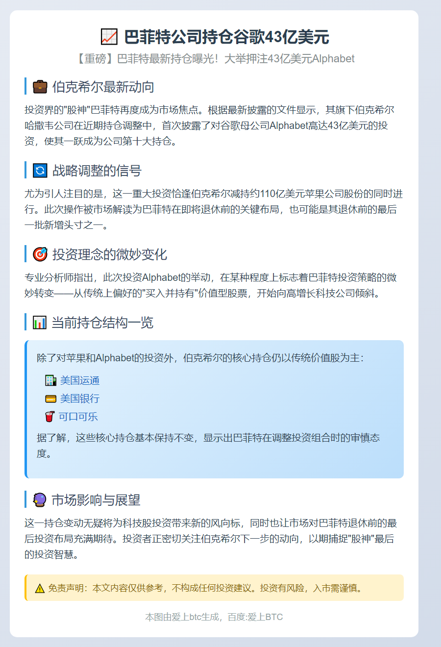 巴菲特公司持仓谷歌43亿美元