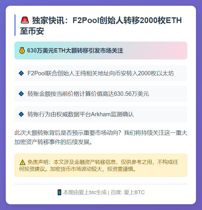 疑似F2Pool创始人转移2000枚ETH至币安