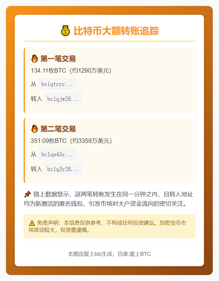 匿名地址转出485枚BTC 价值约4600万美元