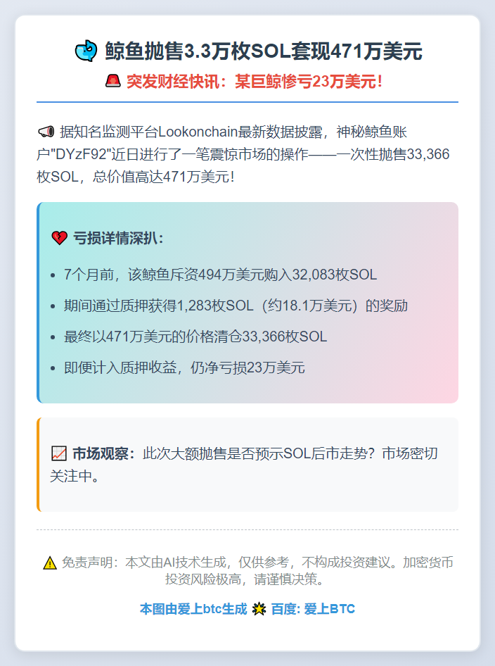 鲸鱼抛售3.3万枚SOL套现471万美元