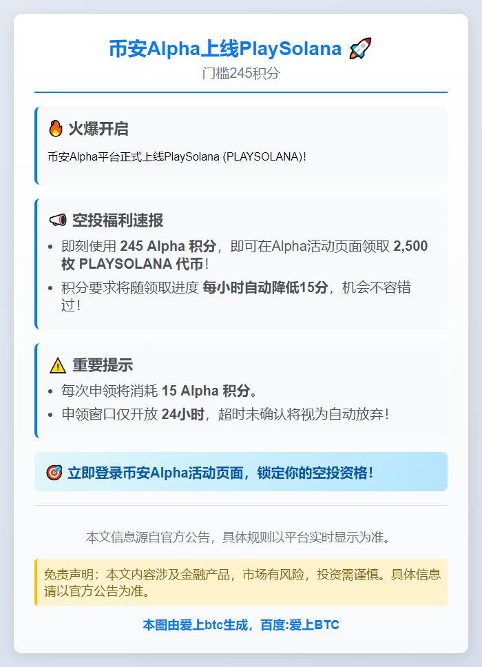 币安Alpha上线PlaySolana，门槛245积分