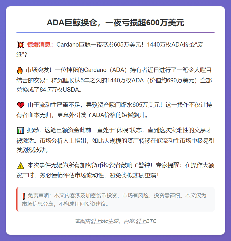 ADA巨鲸换仓，一夜亏损超600万美元