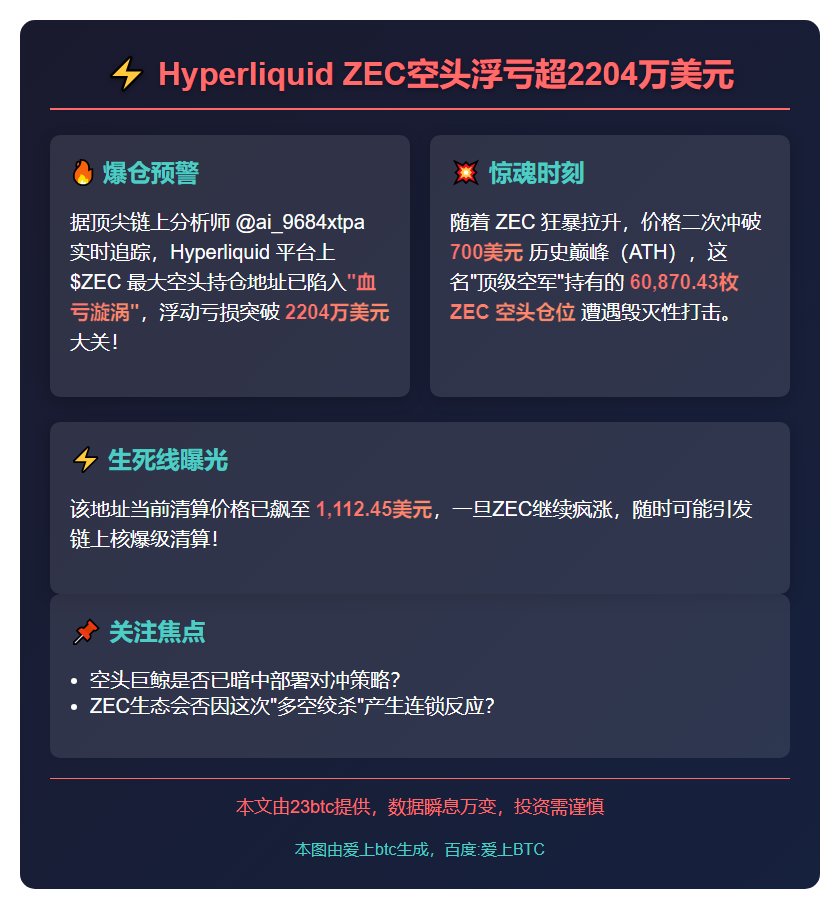 Hyperliquid ZEC空头浮亏超2204万美元