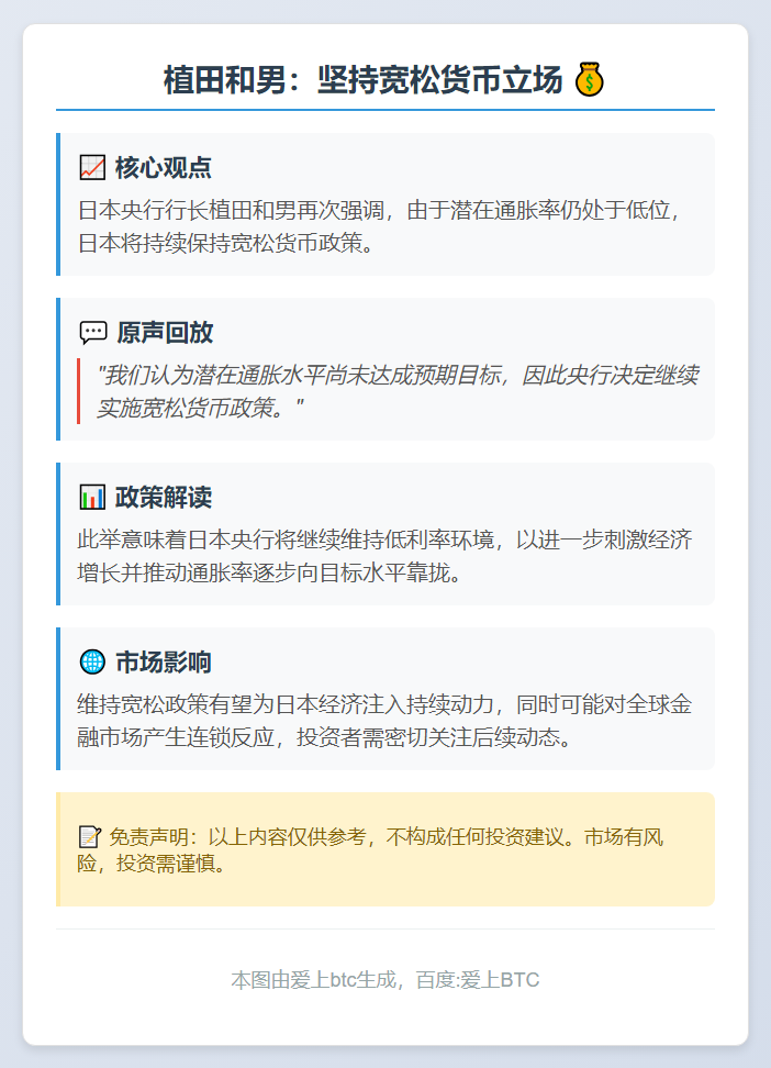 植田和男：坚持宽松货币立场