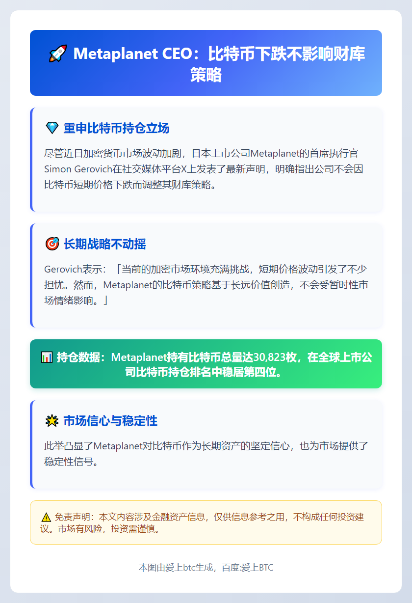 Metaplanet CEO：比特币下跌不影响财库策略