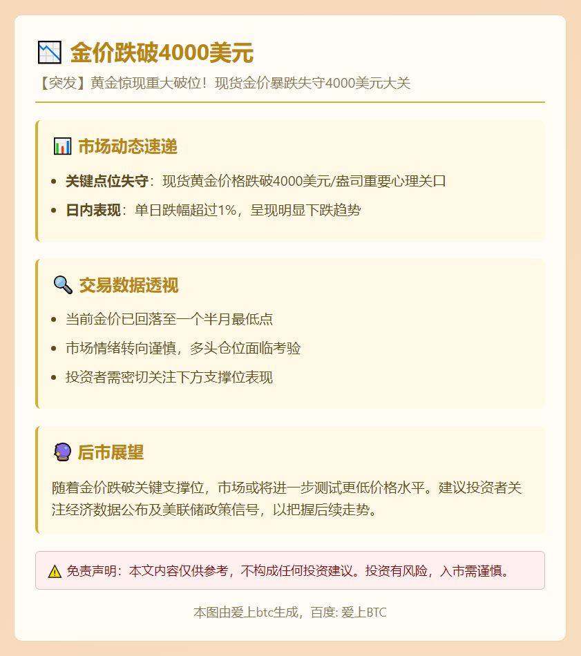 金价跌破4000美元