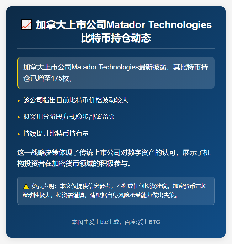 加拿大上市公司Matador Technologies披露比特币持仓增至175枚