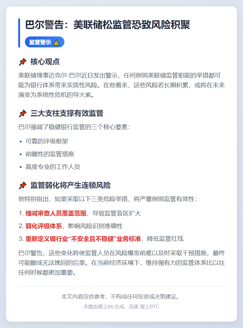 巴尔警告：美联储松监管恐致风险积聚