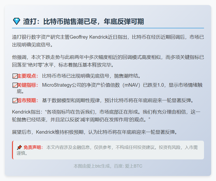 渣打：比特币抛售潮已尽，年底反弹可期