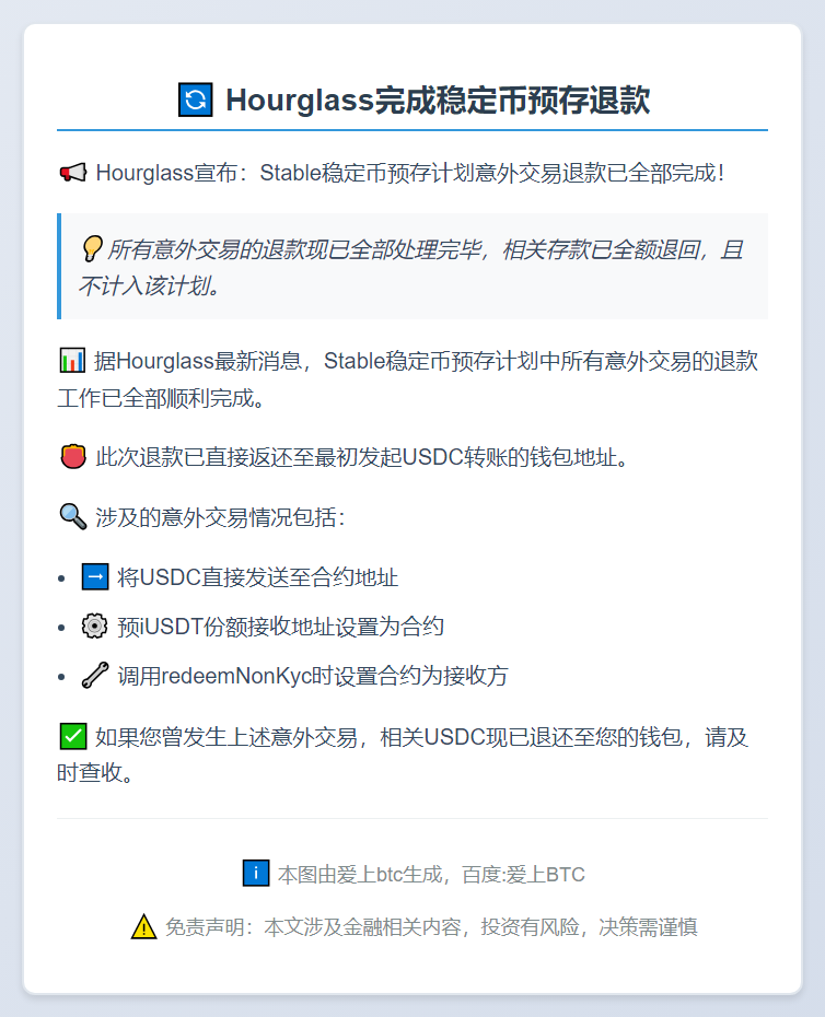 Hourglass完成稳定币预存退款