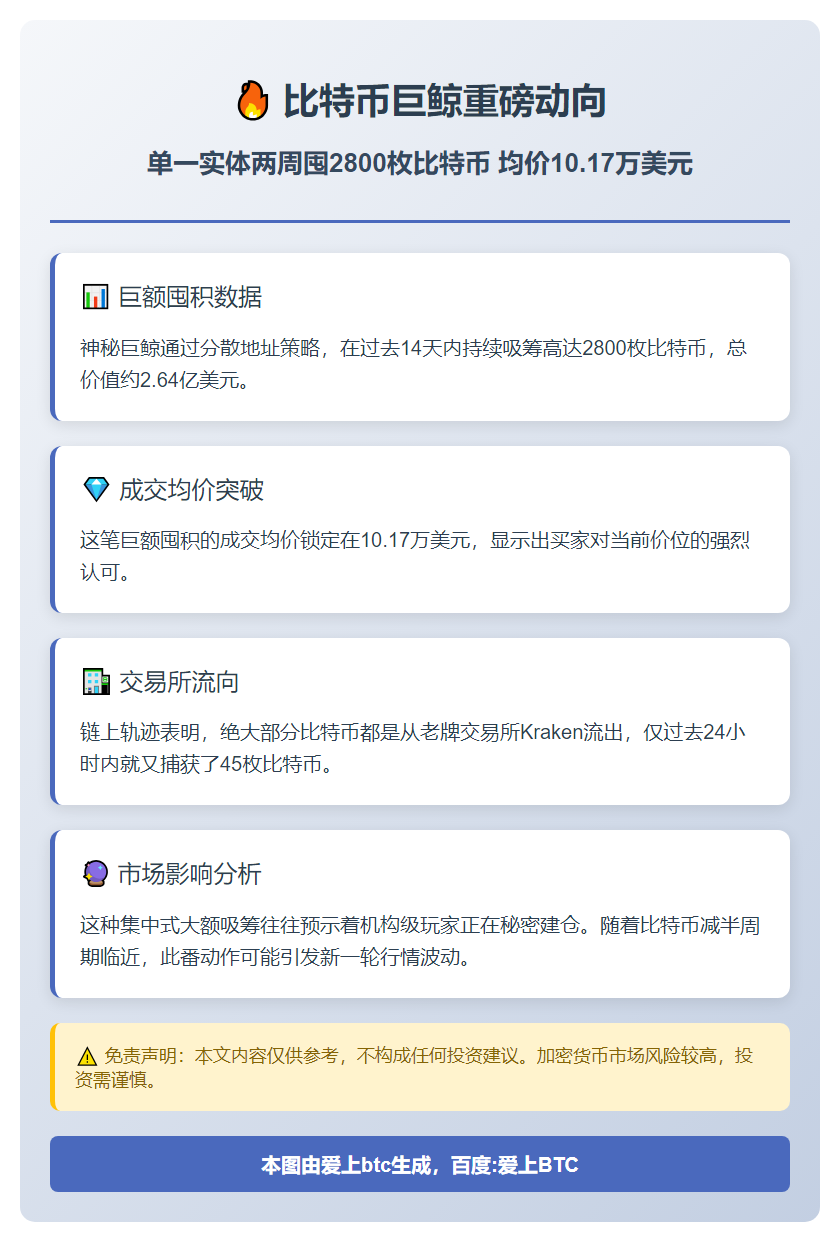 单一实体两周囤2800枚比特币  均价10.17万美元